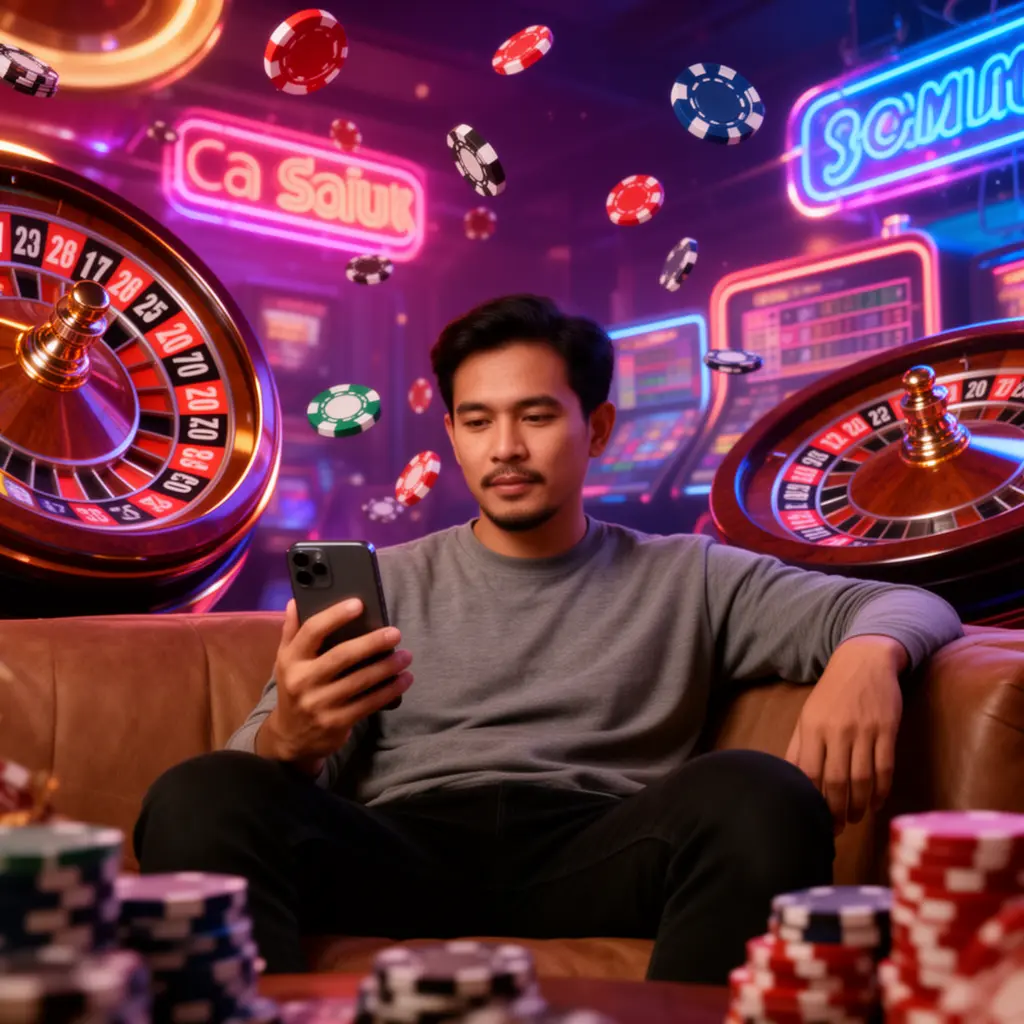 Focused Malaysian player using the WG96 mobile casino app on a sofa surrounded by glowing roulette wheels poker chips and neon casino icons
