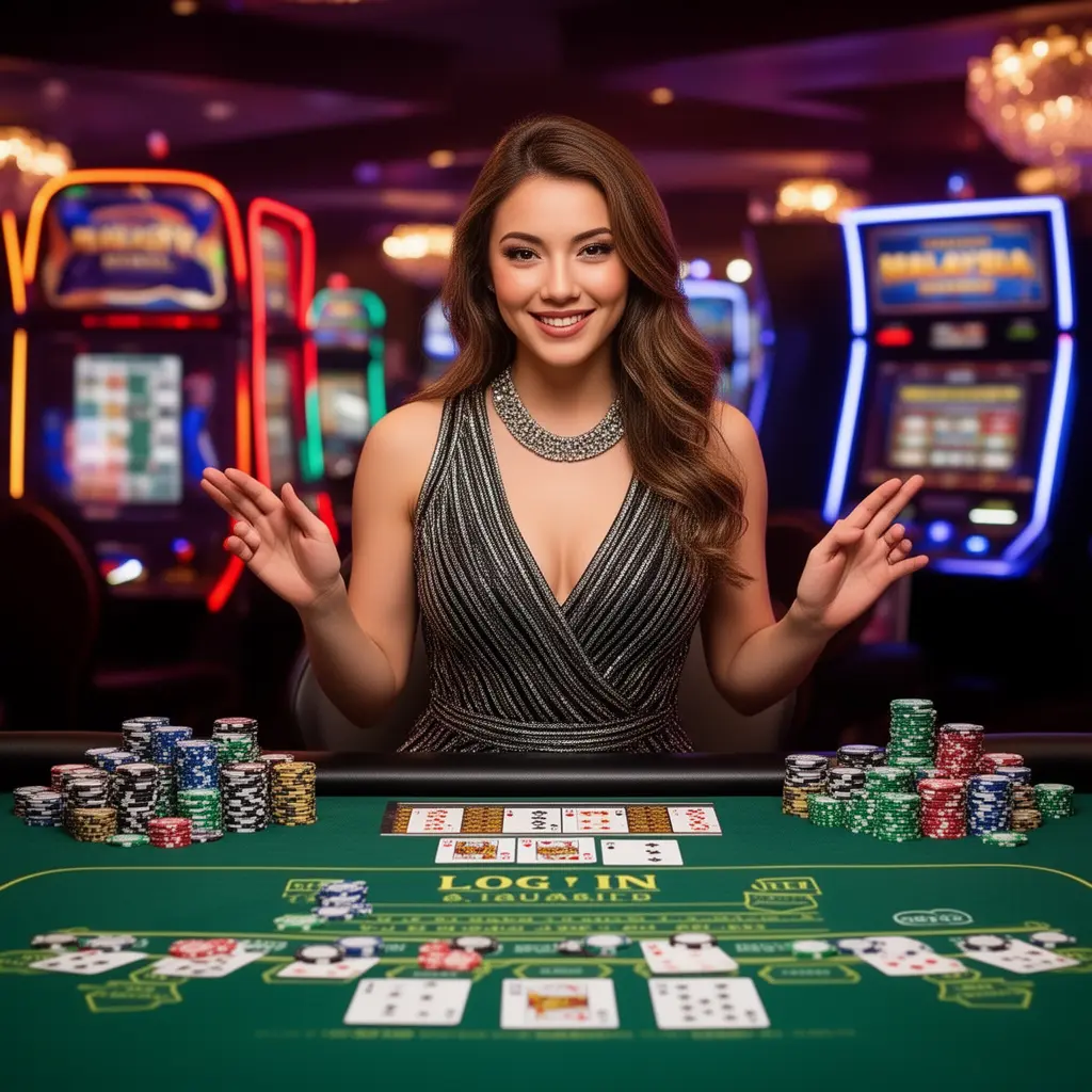 Attractive casino dealer at a live gaming table surrounded by chips and slot machines representing the immersive WG96 online casino experience in Malaysia