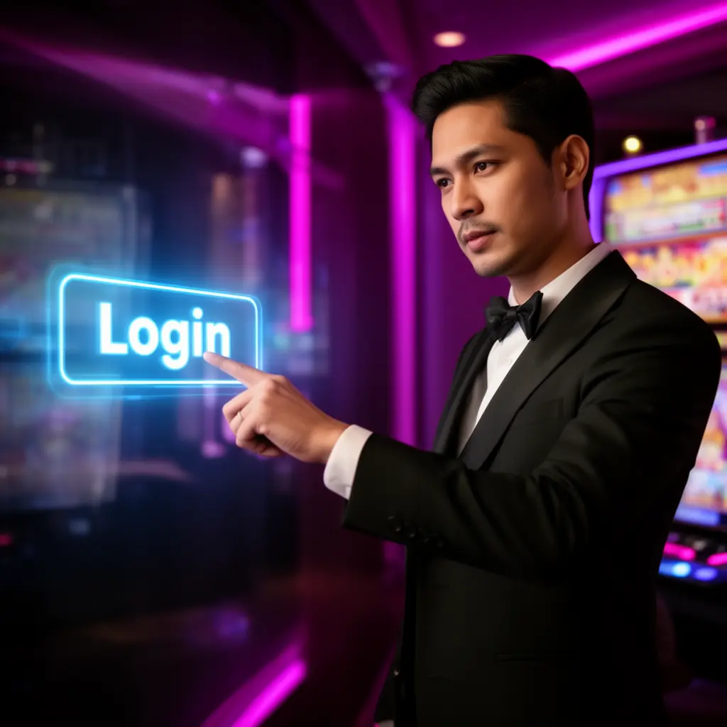 Stylish Malaysian casino host pointing at a glowing WG96 login interface with neon lights highlighting secure account entry