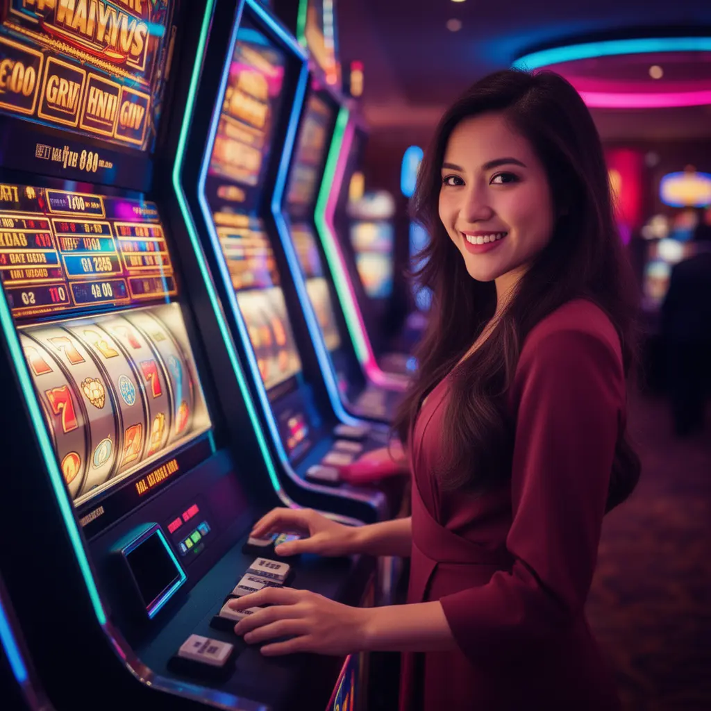 A stylish Malaysian woman enjoying vibrant slot machine gameplay at WG96 with glowing reels and a premium casino atmosphere